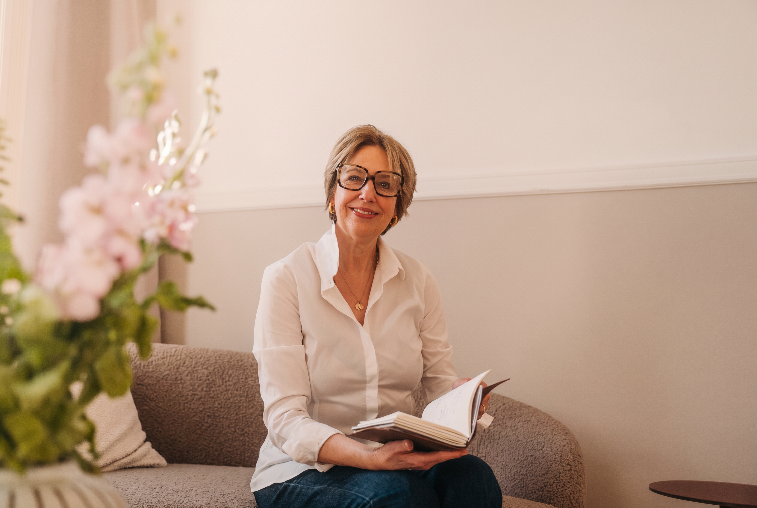 Susanne Moltrecht sitzt mit Notizbuch auf dem Sofa der Praxis